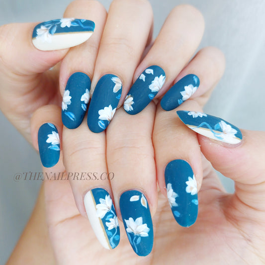 Navy Floral Veil – Medium Oval 24mm