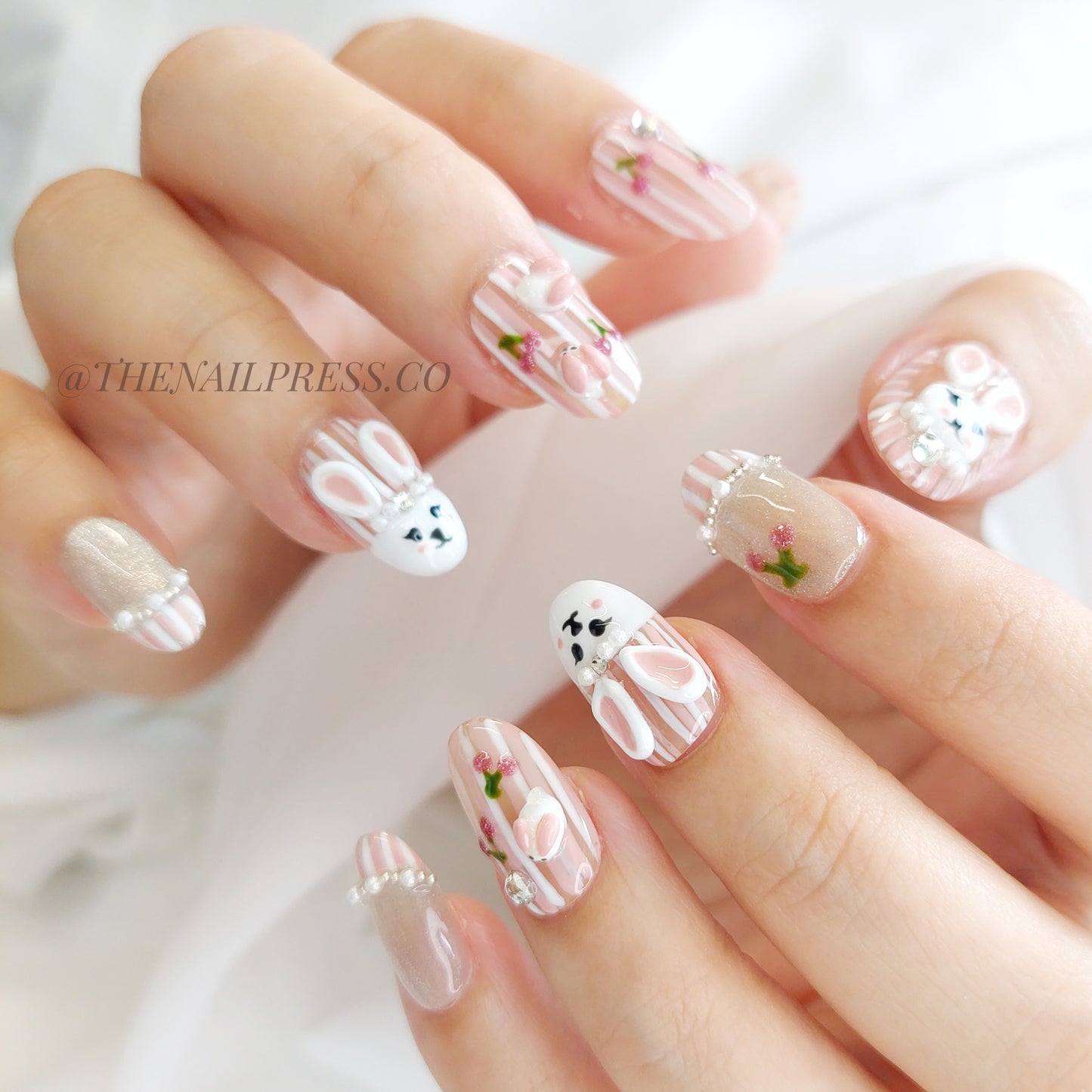 Bunny Hop & Cherry Stripes – Medium Oval Rounded 19mm