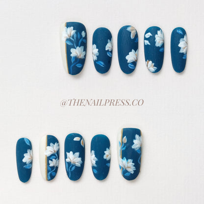 Navy Floral Veil – Medium Oval 24mm