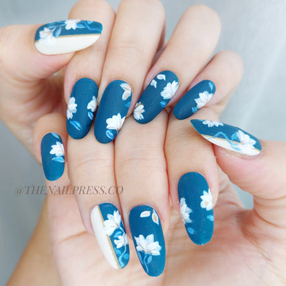 Navy Floral Veil – Medium Oval 24mm