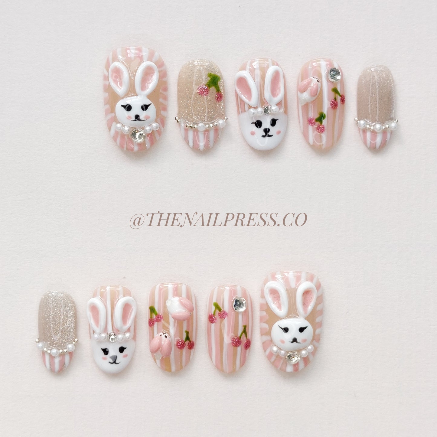 Bunny Hop & Cherry Stripes – Medium Oval Rounded 19mm