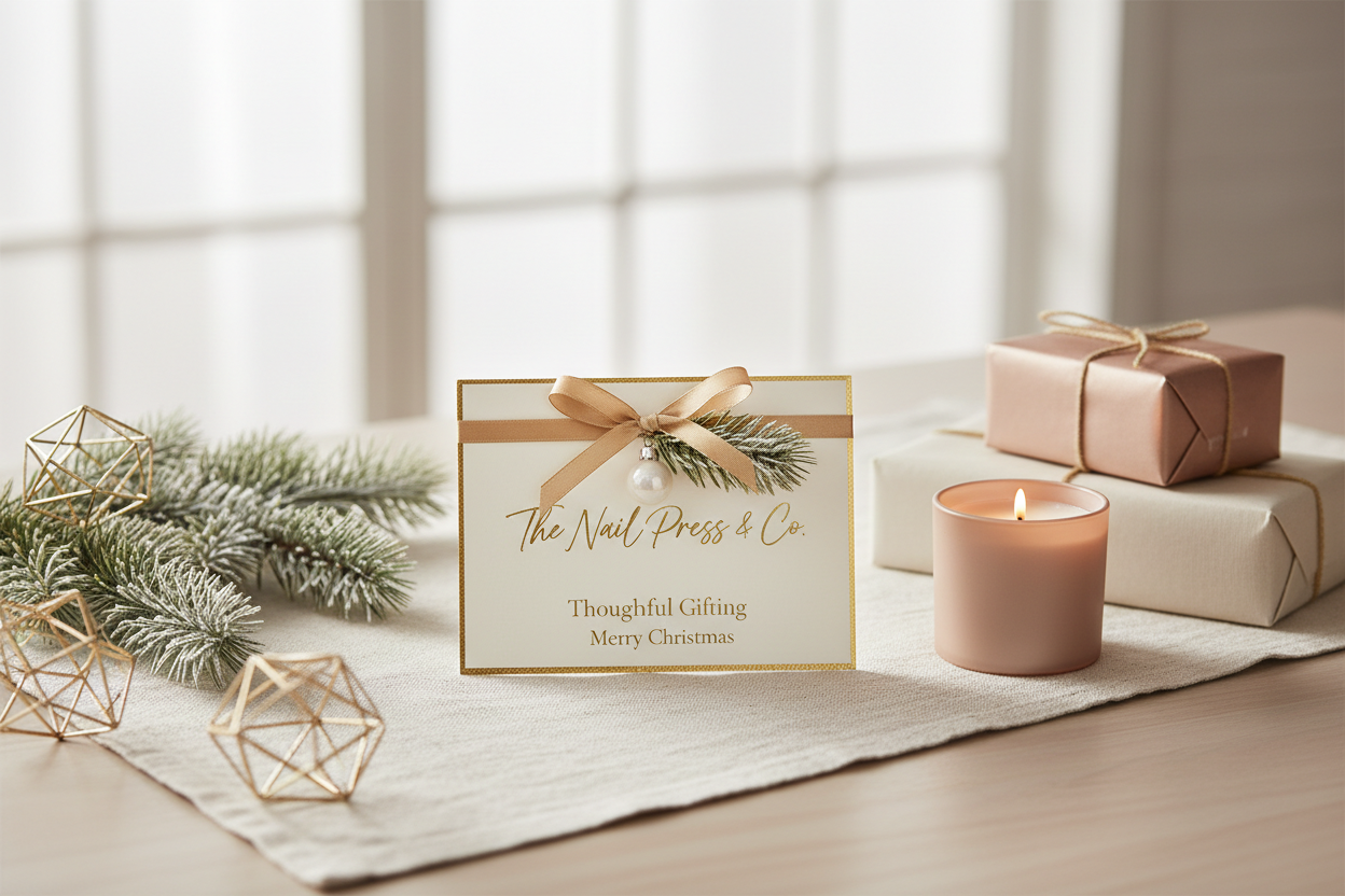 generate a hero image that is banner size showcasing The Nail Press & Co. Gift Card for Christmas gifting, in a modern style for a lifestyle brand
